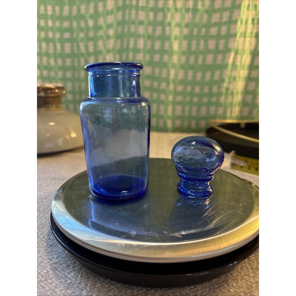 Vintage Blue Glass Apothecary Jar Bubble Lid 5" MCM